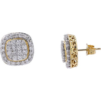 14K Yellow Gold Cushion Halo Diamond Cluster Stud Earrings - 1.50 Carat Total Diamond Weight
