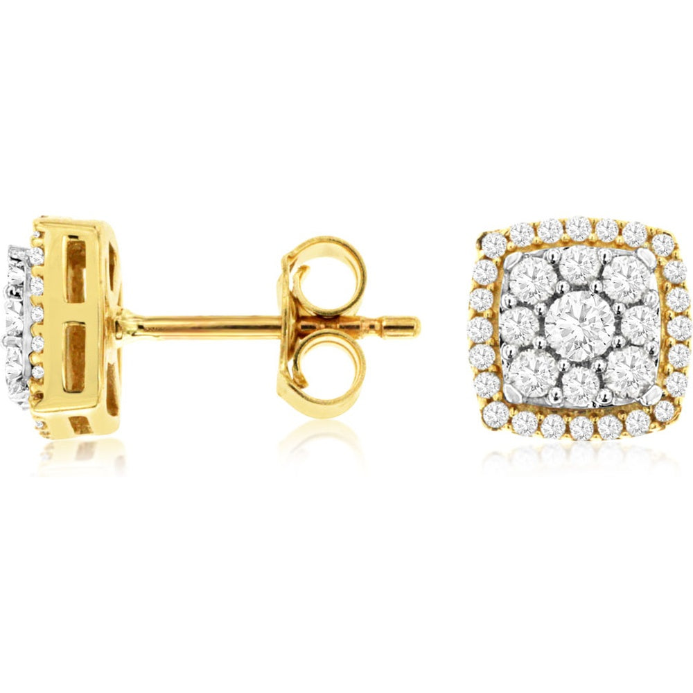 14K Yellow Gold Cushion Halo Diamond Stud Earrings with Milgrain Detail - 0.50 Carat Total Diamond Weight - Royal Jewelry