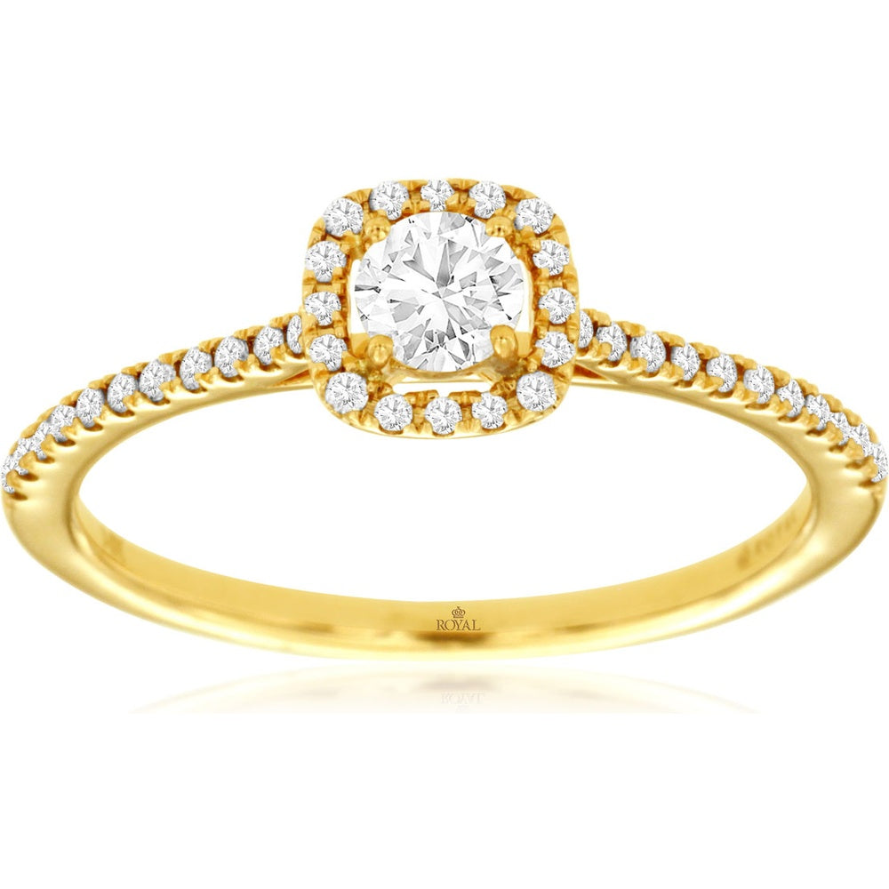 14K Yellow Gold Cushion Halo Engagement Ring with Round Diamond - 0.36 Carat Total Diamond Weight - Royal Jewelry