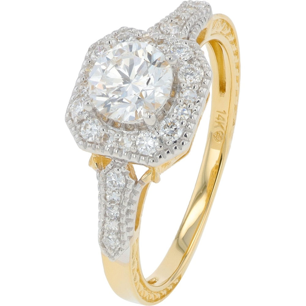 14K Yellow Gold Cushion Halo Engagement Ring with Round Lab Grown Diamond and Milgrain Detailing - 1.00 Carat Total Diamond Weight