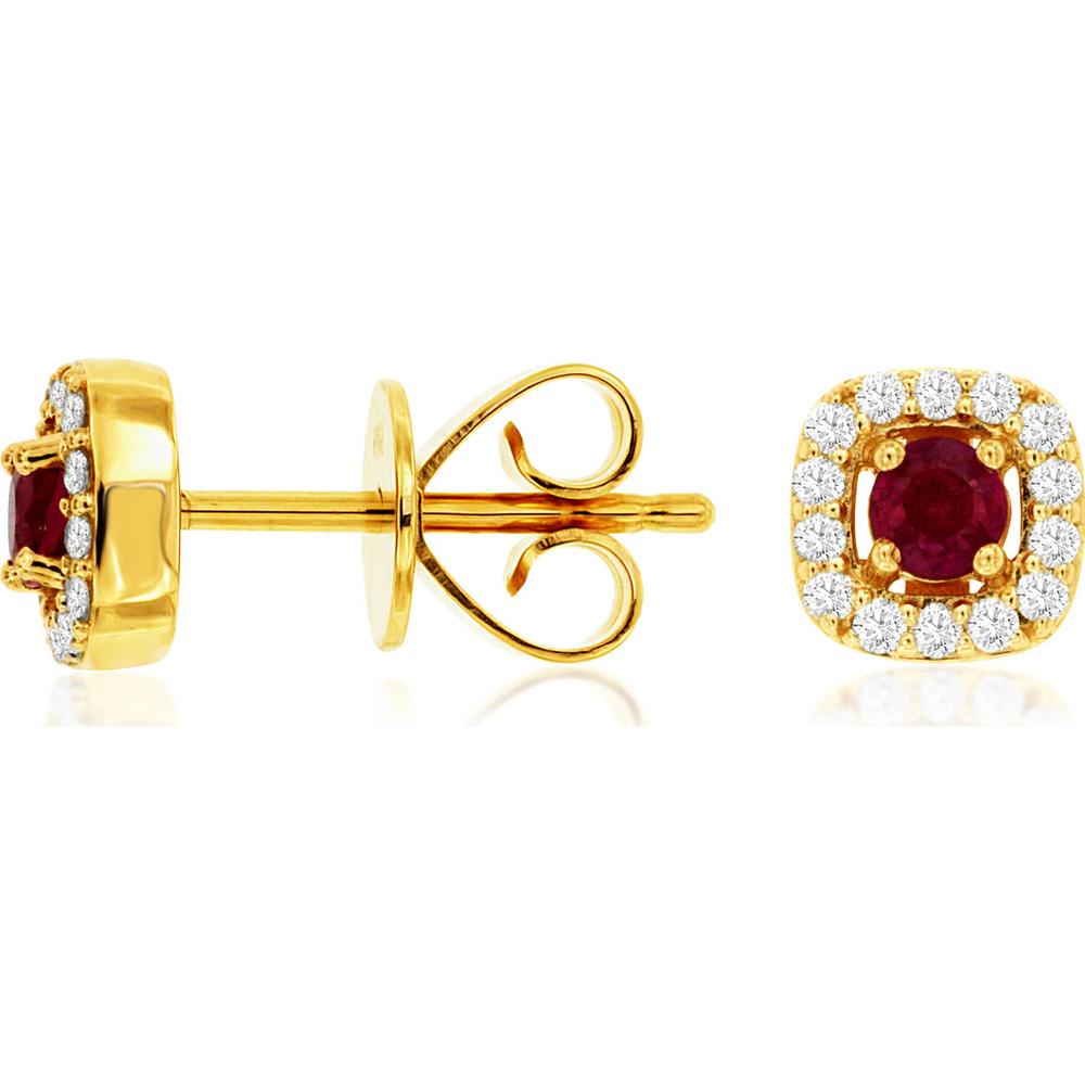 14K Yellow Gold Cushion Halo Stud Earrings with Round Ruby and Diamond Accents - 0.35 Carat Total Ruby Weight, 0.18 Carat Total Diamond Weight - Royal Jewelry