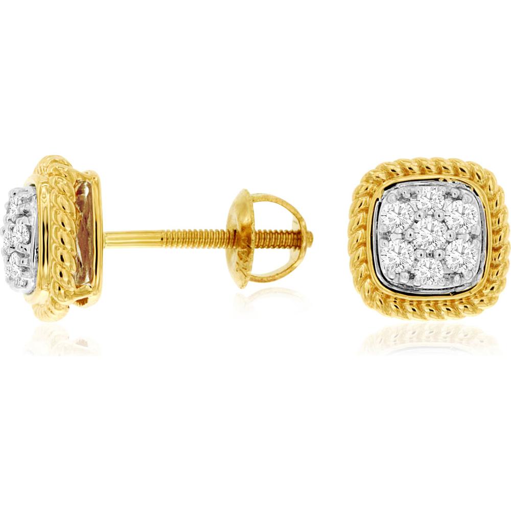 14K Yellow Gold Cushion-Inspired Stud Earrings with Round Diamond Cluster and Rope Detail Frame - 0.20 Carat Total Diamond Weight - Royal Jewelry
