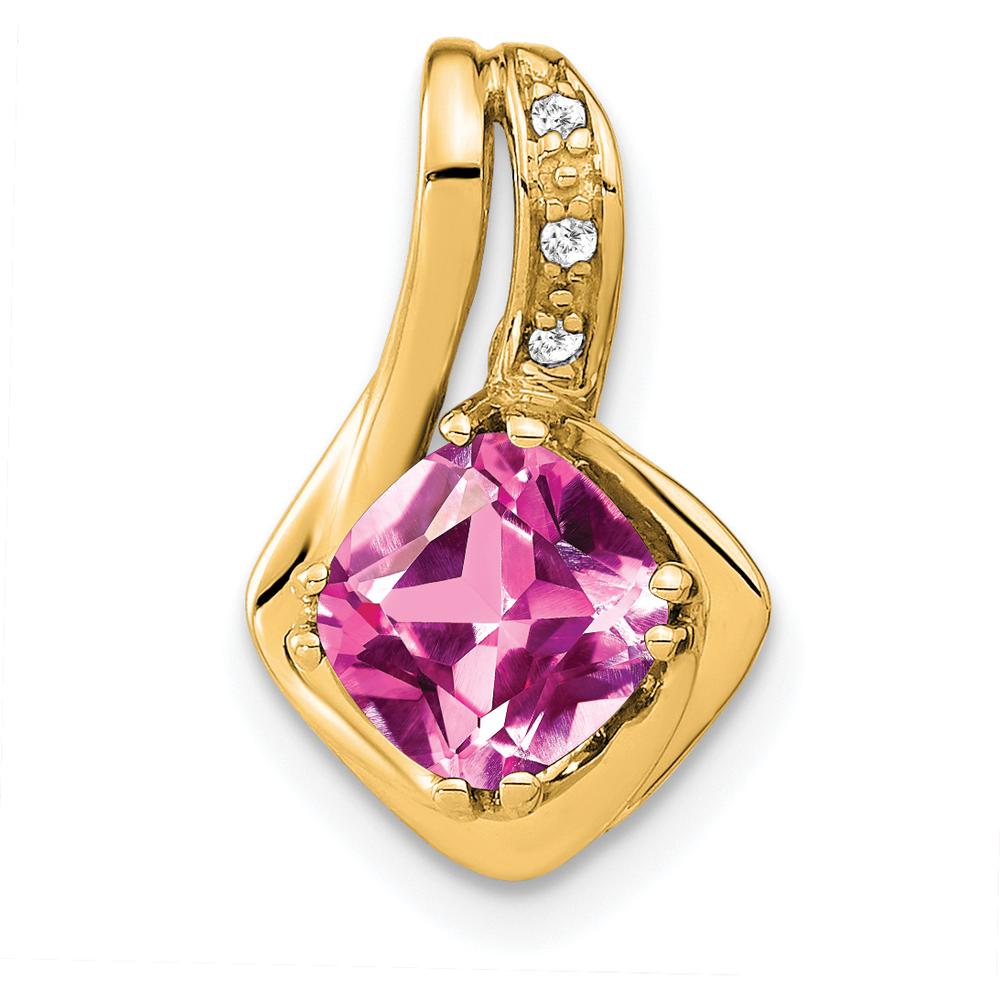 14K Yellow Gold Cushion Lab-Created Pink Sapphire and Diamond Pendant - 0.02 Carat Total Diamond Weight by Lumare Gioia