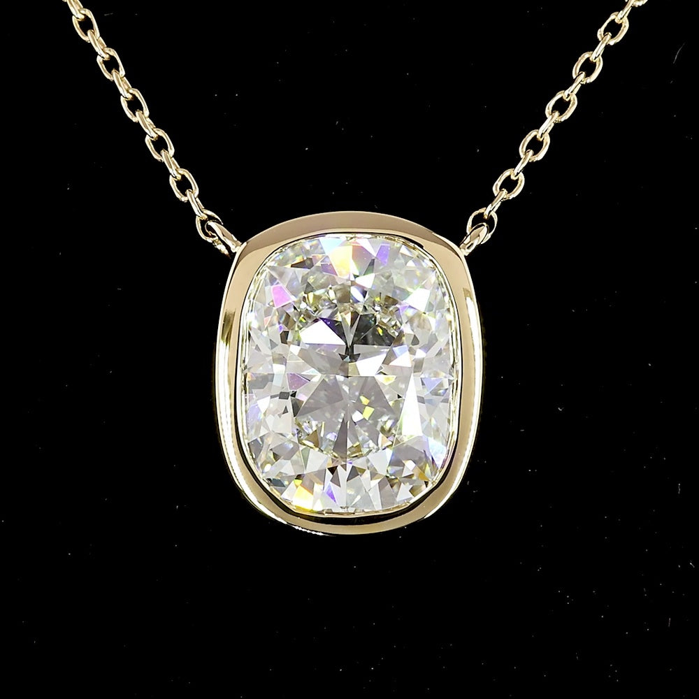 14K Yellow Gold Cushion Modified Cut Solitaire Pendant with Bezel Set Lab Grown Diamond - 2.15 Carats Total Diamond Weight, D VS1 Clarity, GIA Certified - Covaloro Fine Jewelry