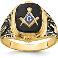 14K Yellow Gold Cushion Onyx Masonic Ring with Polished and Antiqued Detailing by Monteluci Fine Jewelry