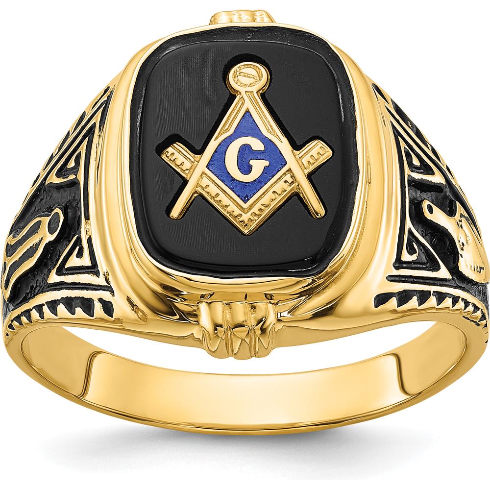 14K Yellow Gold Cushion Onyx Masonic Ring with Polished and Antiqued Detailing by Monteluci Fine Jewelry