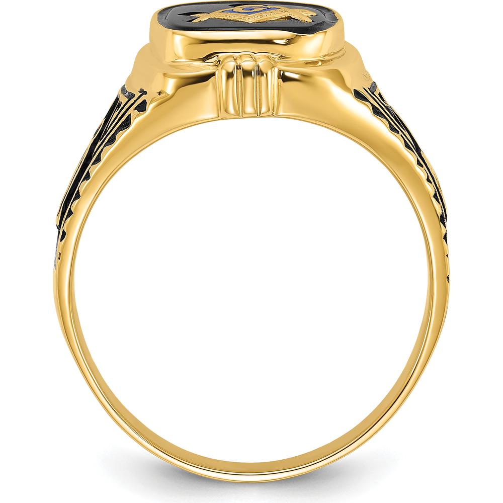 14K Yellow Gold Cushion Onyx Masonic Ring with Polished and Antiqued Detailing by Monteluci Fine Jewelry