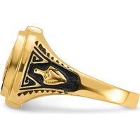 14K Yellow Gold Cushion Onyx Masonic Ring with Polished and Antiqued Detailing by Monteluci Fine Jewelry