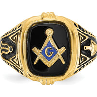 14K Yellow Gold Cushion Onyx Masonic Ring with Polished and Antiqued Detailing by Monteluci Fine Jewelry