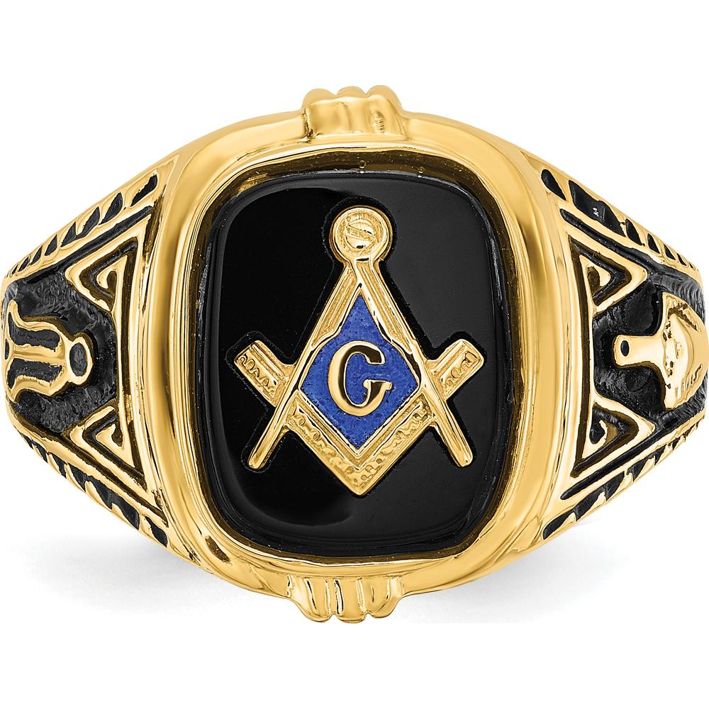 14K Yellow Gold Cushion Onyx Masonic Ring with Polished and Antiqued Detailing by Monteluci Fine Jewelry