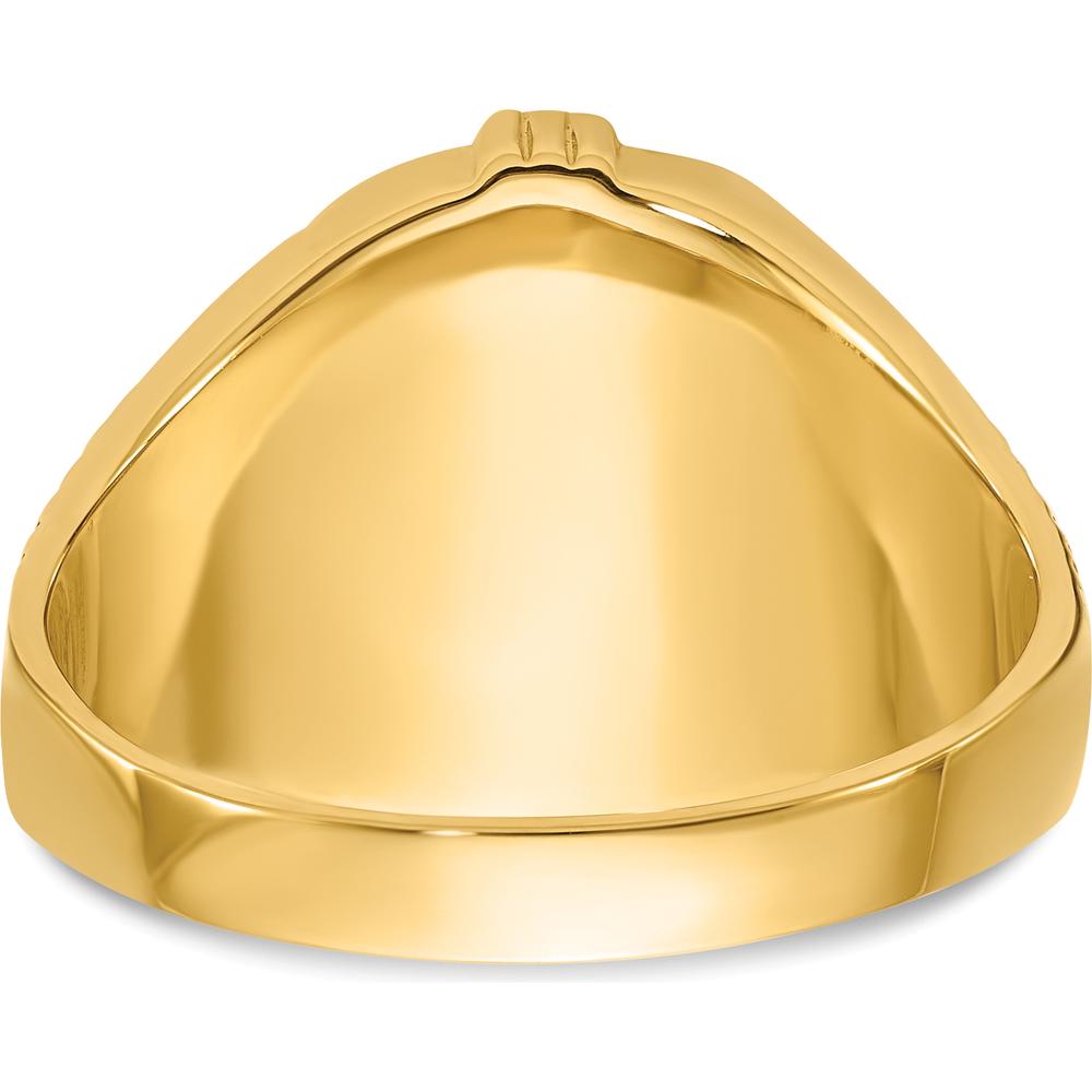 14K Yellow Gold Cushion Onyx Masonic Ring with Polished and Antiqued Detailing by Monteluci Fine Jewelry