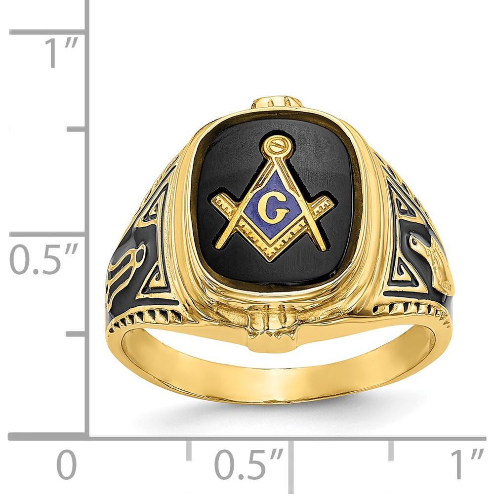14K Yellow Gold Cushion Onyx Masonic Ring with Polished and Antiqued Detailing by Monteluci Fine Jewelry
