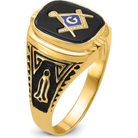 14K Yellow Gold Cushion Onyx Masonic Ring with Polished and Antiqued Detailing by Monteluci Fine Jewelry