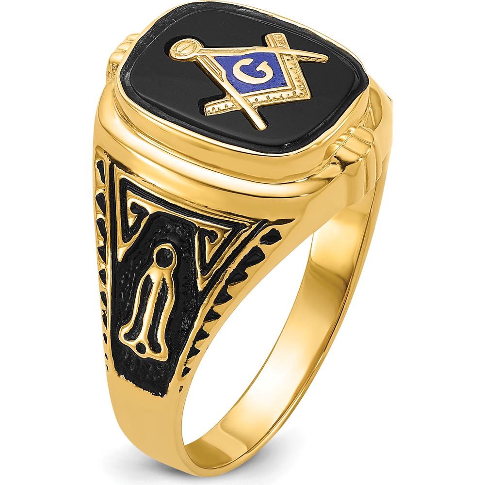 14K Yellow Gold Cushion Onyx Masonic Ring with Polished and Antiqued Detailing by Monteluci Fine Jewelry