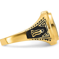 14K Yellow Gold Cushion Onyx Masonic Ring with Polished and Antiqued Detailing by Monteluci Fine Jewelry