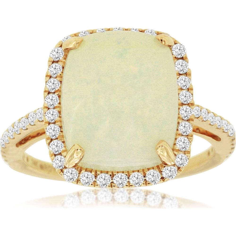 14K Yellow Gold Cushion Opal & Diamond Halo Ring with 2.80 Carat Opal and 0.38 Carat Total Diamond Weight - Royal Jewelry