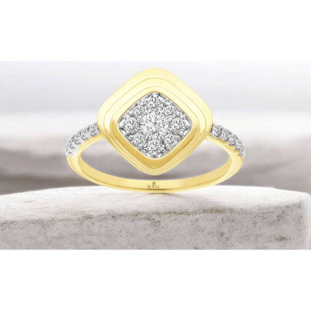 14K Yellow Gold Cushion-Shape Diamond Cluster Ring with Pavé Set Accents - 0.40 Carat Total Diamond Weight - Royal Jewelry