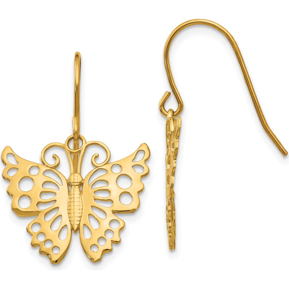 14K Yellow Gold Dangle Butterfly Earrings - 27mm Length, Polished Finish by 0