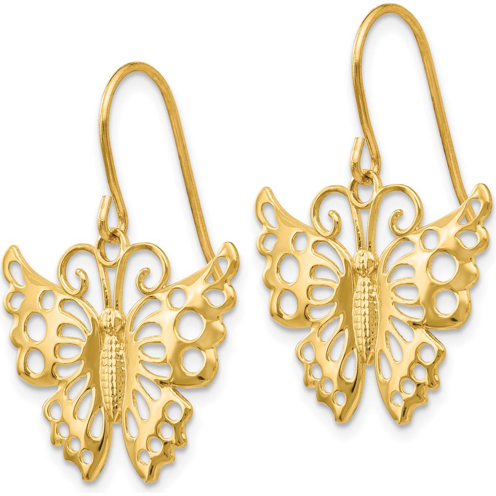 14K Yellow Gold Dangle Butterfly Earrings - 27mm Length, Polished Finish by 0