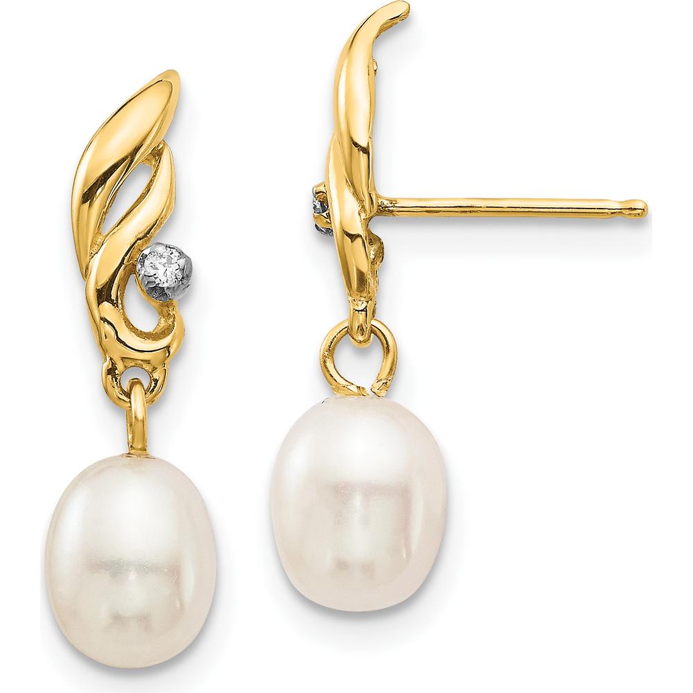 14K Yellow Gold Dangle Earrings with 5-6mm Freshwater Cultured Pearls and 0.02 Carat Diamonds by Monteluci Fine Jewelry