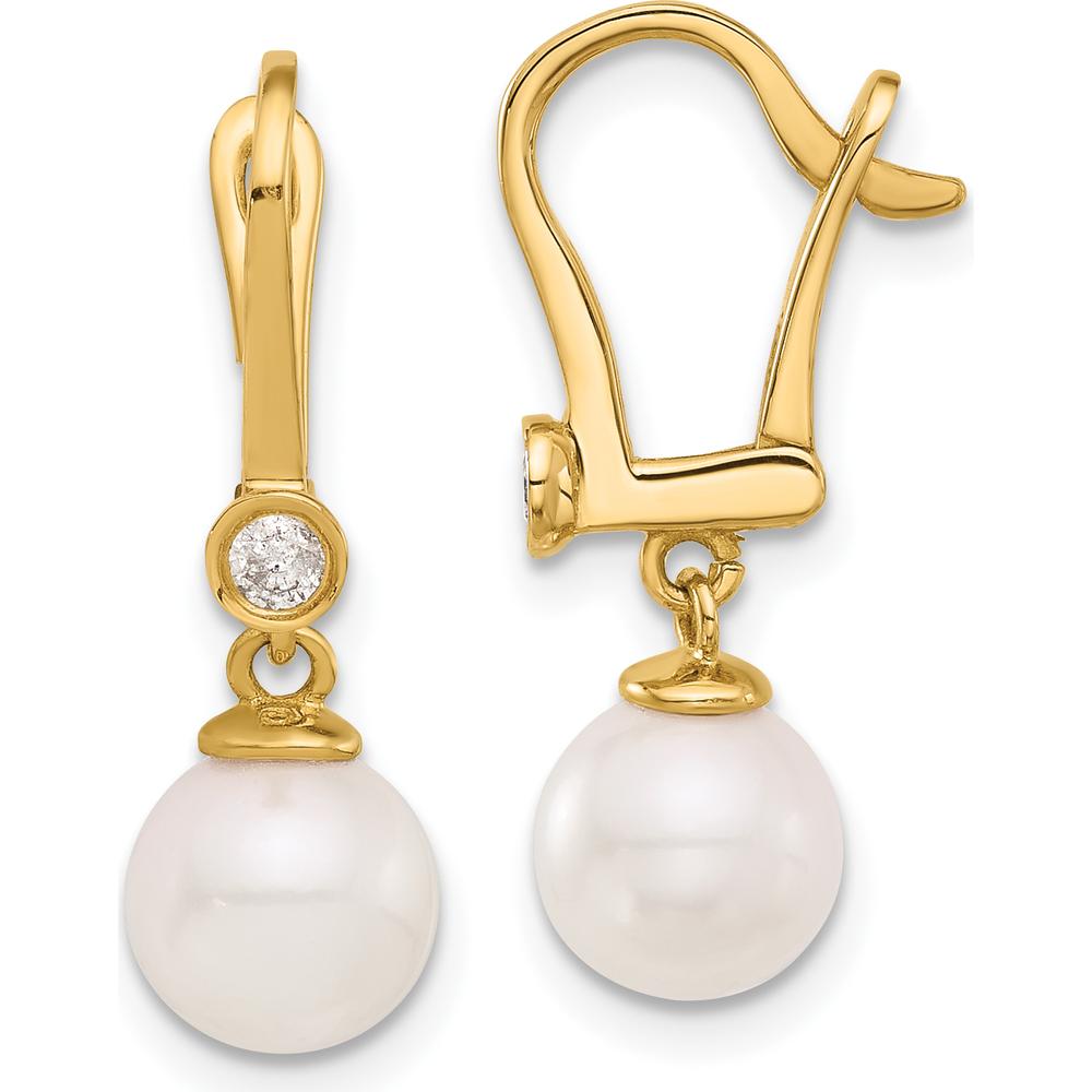 14K Yellow Gold Dangle Earrings with 7-8mm Akoya Pearls and 0.10 Carat Diamond Accents by Monteluci Fine Jewelry