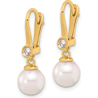 14K Yellow Gold Dangle Earrings with 7-8mm Akoya Pearls and 0.10 Carat Diamond Accents by Monteluci Fine Jewelry