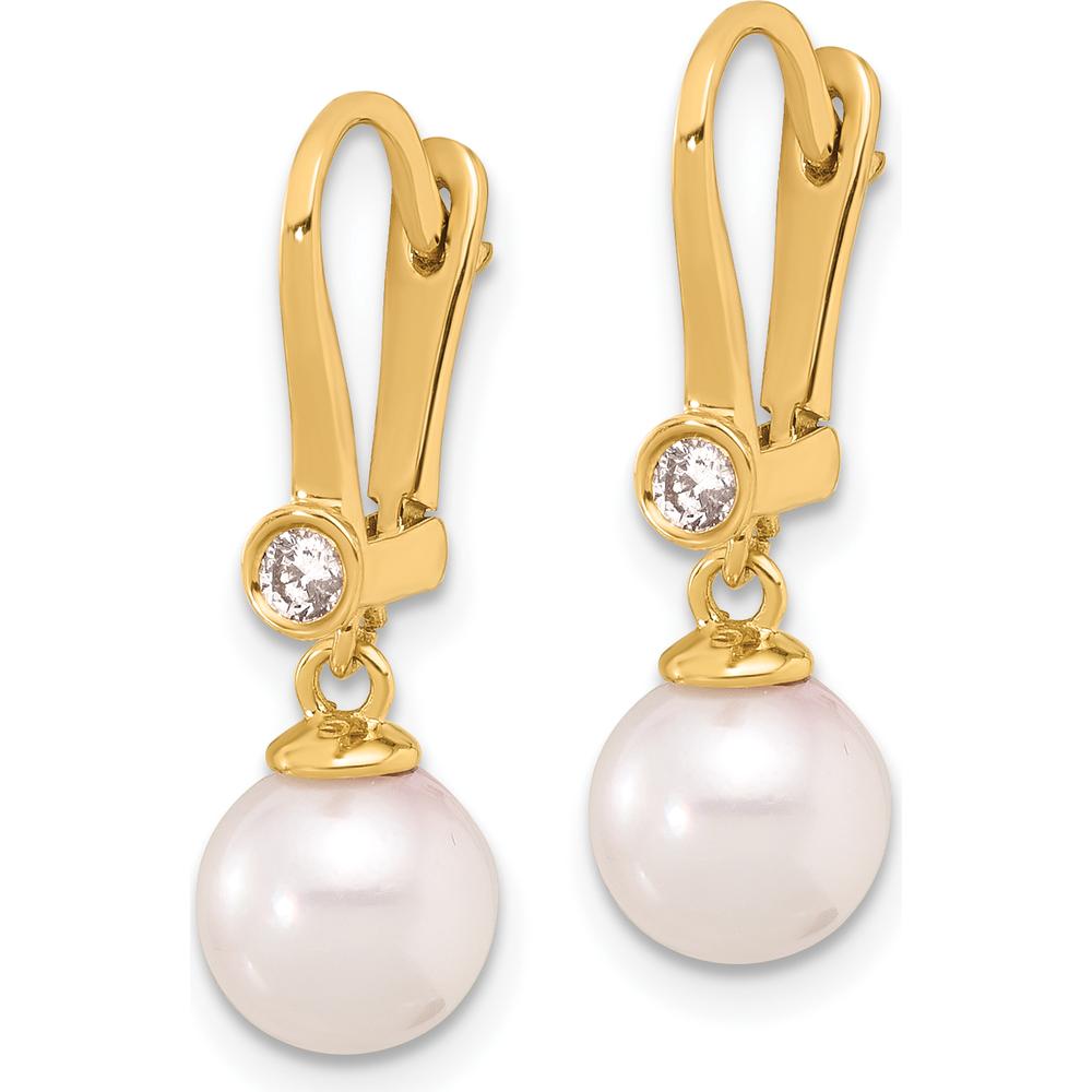 14K Yellow Gold Dangle Earrings with 7-8mm Akoya Pearls and 0.10 Carat Diamond Accents by Monteluci Fine Jewelry