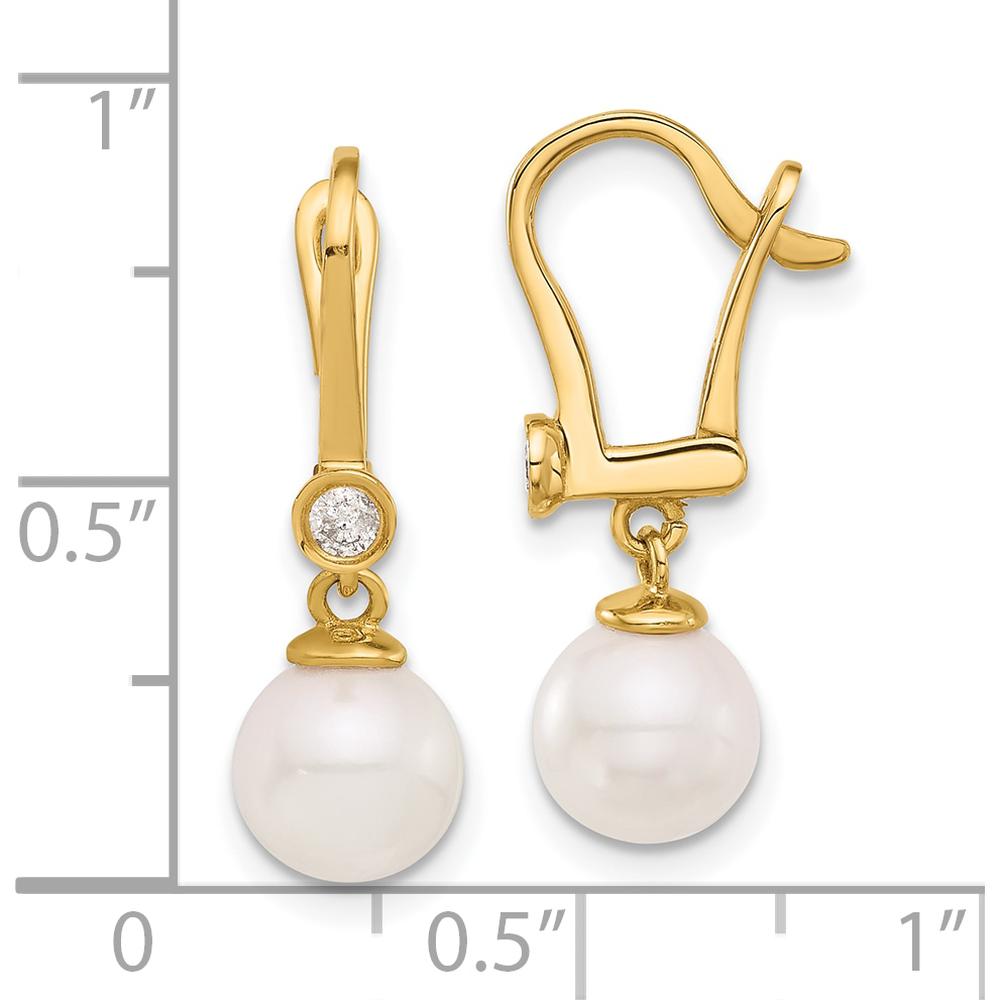 14K Yellow Gold Dangle Earrings with 7-8mm Akoya Pearls and 0.10 Carat Diamond Accents by Monteluci Fine Jewelry