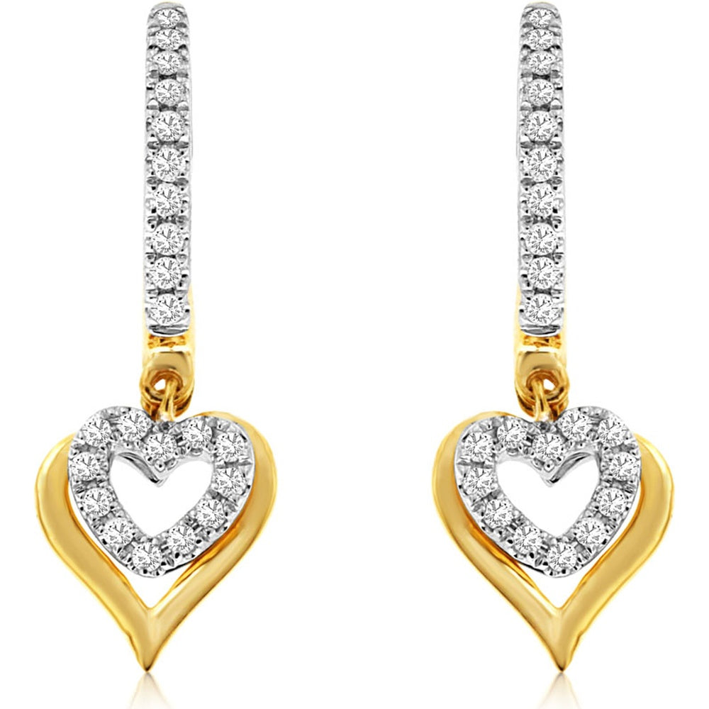 14K Yellow Gold Dangle Heart Earrings with Pave-Set Round Diamonds - 0.20 Carat Total Diamond Weight - Royal Jewelry