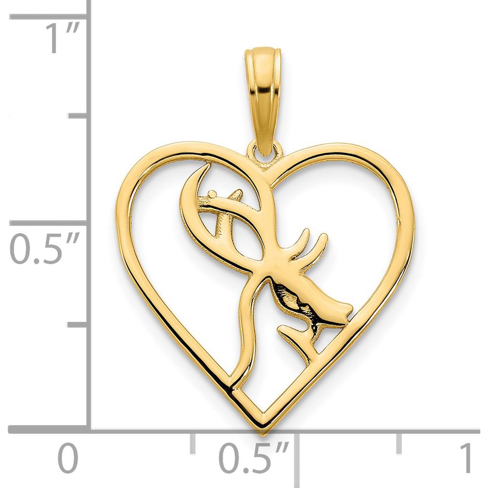 14K Yellow Gold Deer in Heart Pendant - Polished Gold Wildlife Charm by Oro Pregiato