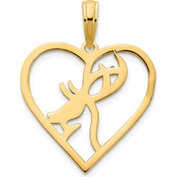 14K Yellow Gold Deer in Heart Pendant - Polished Gold Wildlife Charm by Oro Pregiato