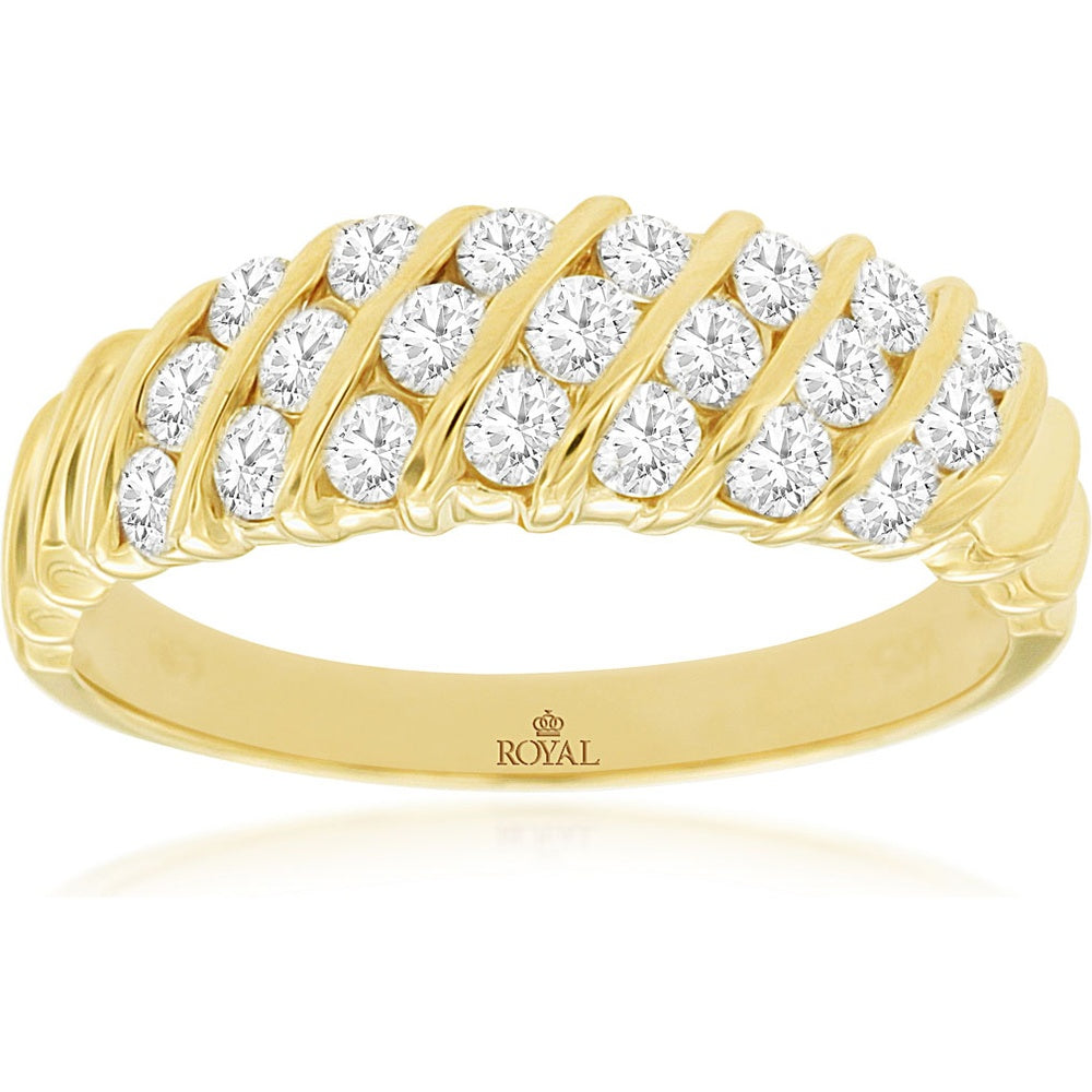 14K Yellow Gold Diagonal Channel-Set Wedding Band with Round Brilliant Cut Diamonds - 0.75 Carat Total Diamond Weight - Royal Jewelry