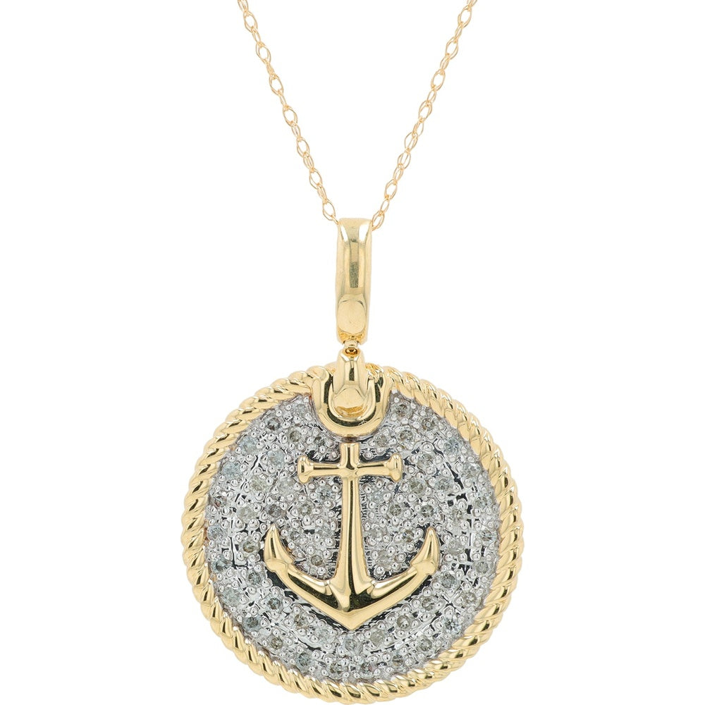 14K Yellow Gold Diamond Anchor Pendant with Pavé Set Round Diamonds and Twisted Rope Border - 0.50 Carat Total Diamond Weight