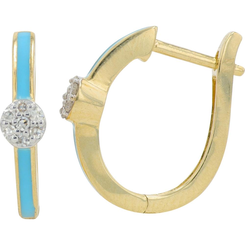 14K Yellow Gold Diamond & Blue Enamel Hoop Earrings - 0.10 Carat Total Diamond Weight