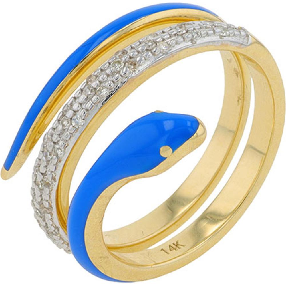 14K Yellow Gold Diamond & Blue Enamel Snake Bypass Ring - 0.15 Carat Total Diamond Weight
