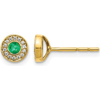 14K Yellow Gold Diamond and Emerald Halo Post Earrings - 0.11 Carat Emerald, 0.0032 Carat Diamonds by Monteluci Fine Jewelry