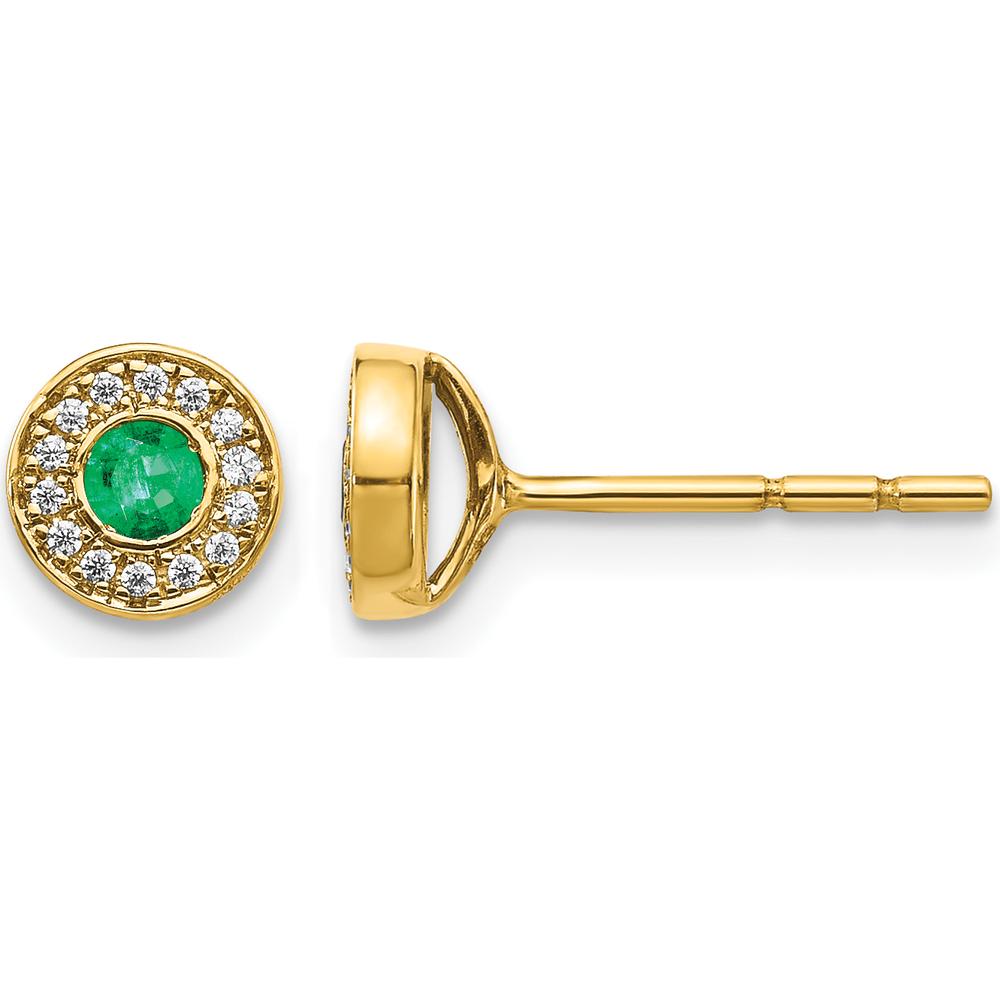 14K Yellow Gold Diamond and Emerald Halo Post Earrings - 0.11 Carat Emerald, 0.0032 Carat Diamonds by Monteluci Fine Jewelry