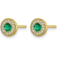14K Yellow Gold Diamond and Emerald Halo Post Earrings - 0.11 Carat Emerald, 0.0032 Carat Diamonds by Monteluci Fine Jewelry