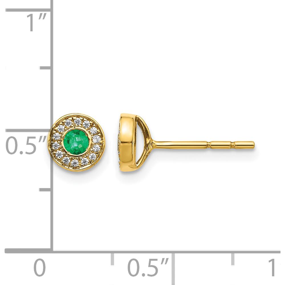 14K Yellow Gold Diamond and Emerald Halo Post Earrings - 0.11 Carat Emerald, 0.0032 Carat Diamonds by Monteluci Fine Jewelry