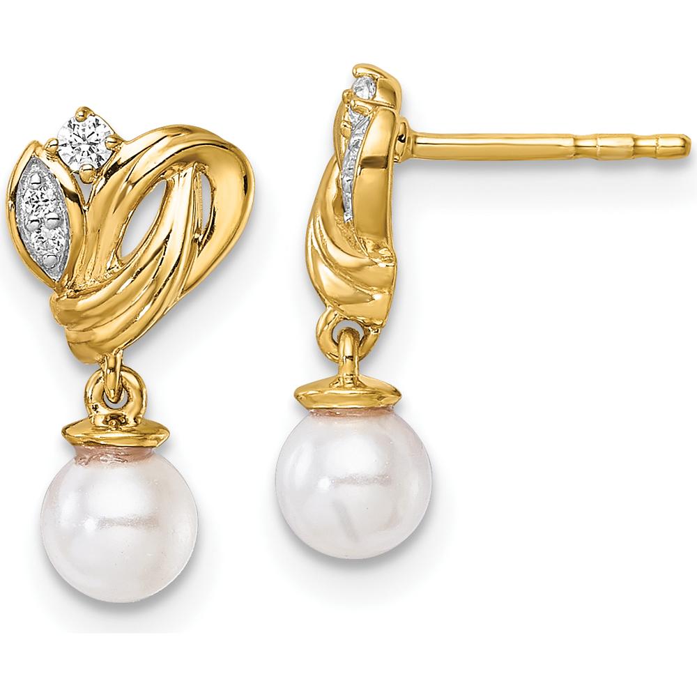 14K Yellow Gold Diamond and Freshwater Cultured Pearl Dangle Earrings - 1/15 Carats Total Diamond Weight by Monteluci Fine Jewelry