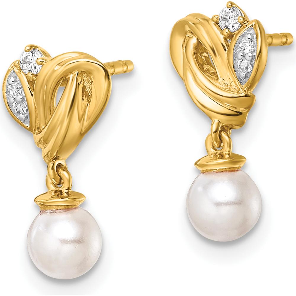 14K Yellow Gold Diamond and Freshwater Cultured Pearl Dangle Earrings - 1/15 Carats Total Diamond Weight by Monteluci Fine Jewelry