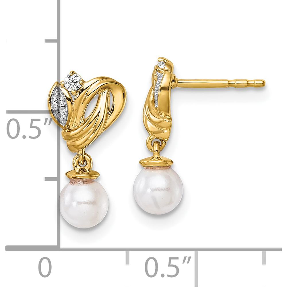 14K Yellow Gold Diamond and Freshwater Cultured Pearl Dangle Earrings - 1/15 Carats Total Diamond Weight by Monteluci Fine Jewelry