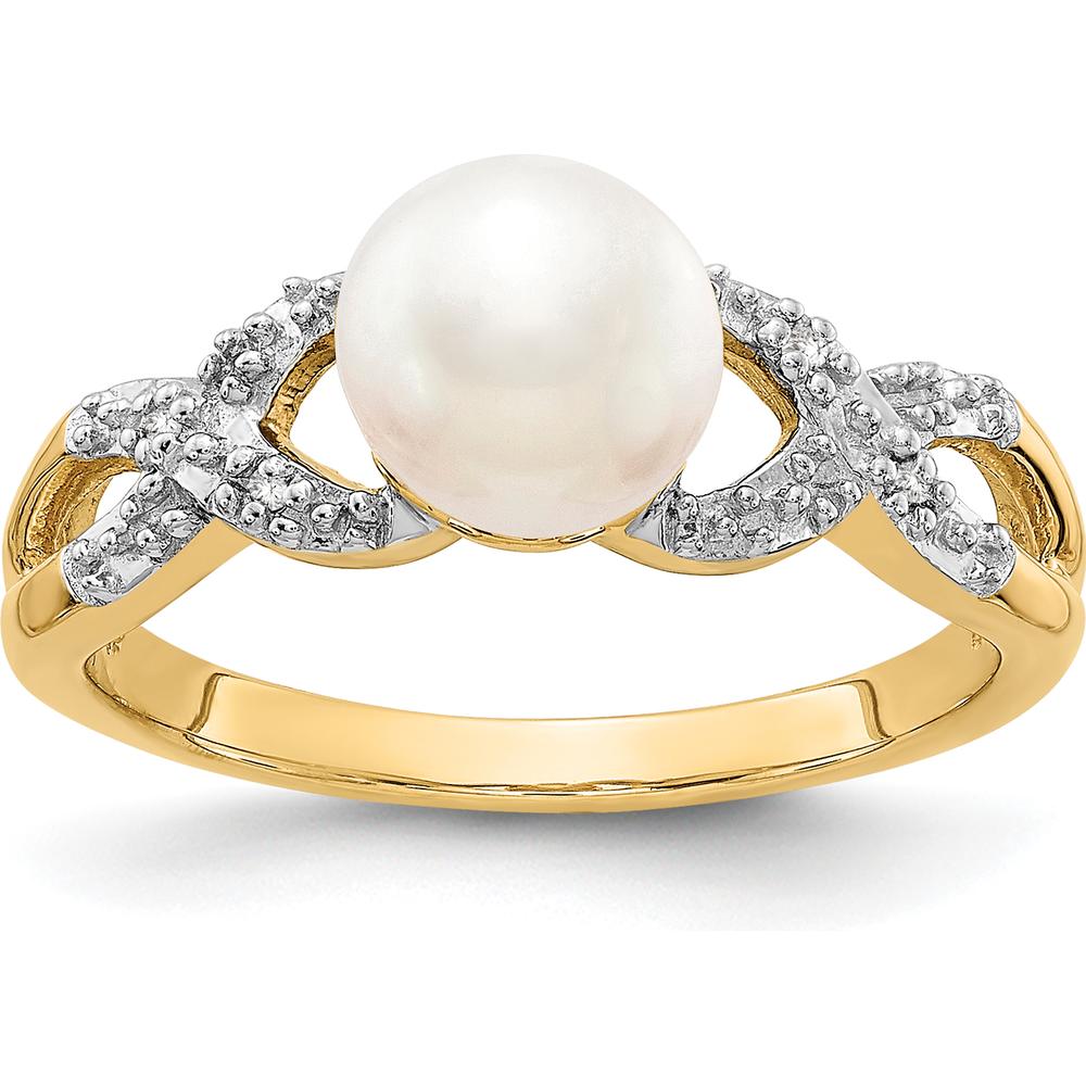 14K Yellow Gold Diamond and Freshwater Cultured Pearl Ring with Round Diamonds - 0.05 Carat Total Diamond Weight by Monteluci Fine Jewelry