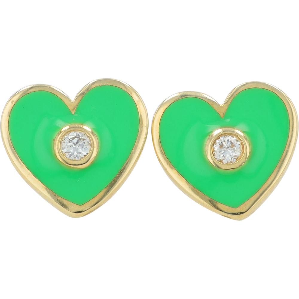 14K Yellow Gold Diamond & Green Enamel Heart Stud Earrings - 0.06 Carat Total Diamond Weight