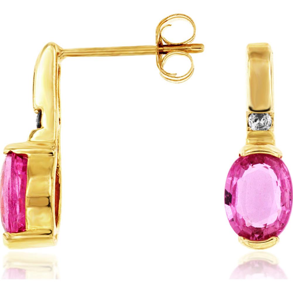 14K Yellow Gold Diamond & Oval Pink Sapphire Drop Earrings - 1.90 Carats Total Pink Sapphire Weight, 0.05 Carats Total Diamond Weight