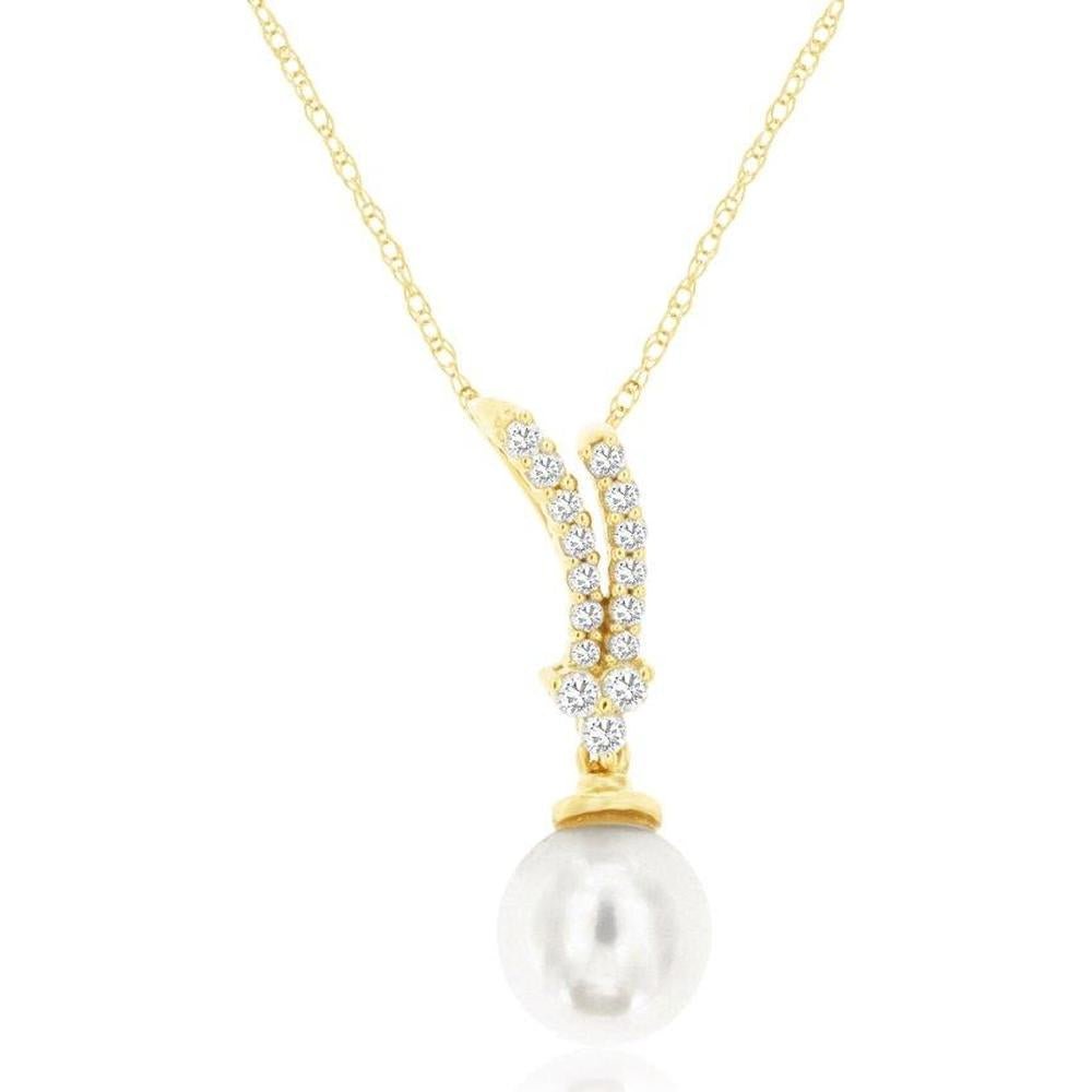 14K Yellow Gold Diamond & Pearl Pendant Necklace with 0.15 Carat Round Diamond Accents and Freshwater Pearl Drop - Royal Jewelry