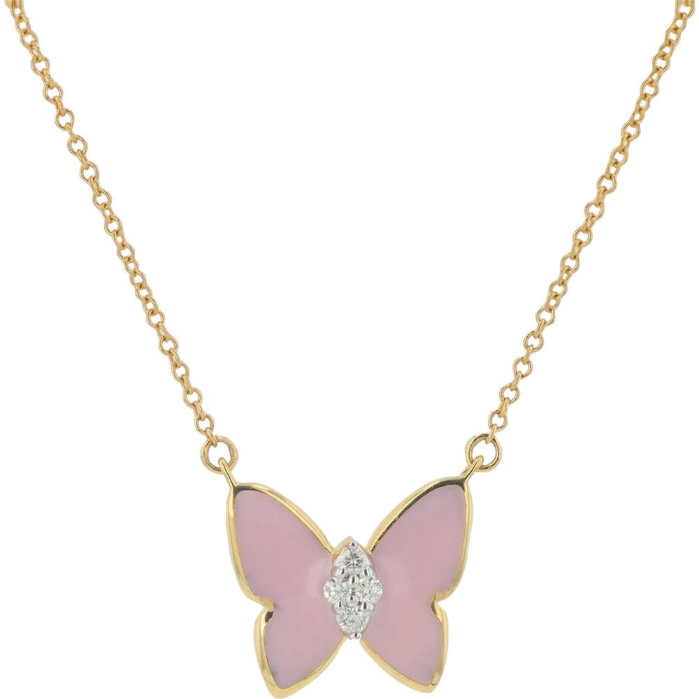 14K Yellow Gold Diamond & Pink Enamel Butterfly Necklace - 0.05 Carat Diamond Weight