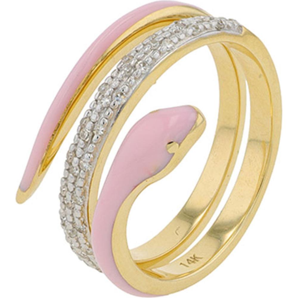14K Yellow Gold Diamond & Pink Enamel Snake Bypass Ring - 0.15 Carat Total Diamond Weight