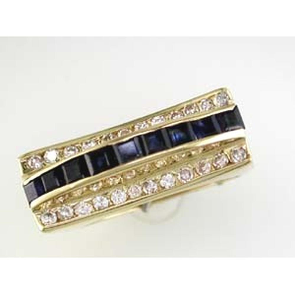 14K Yellow Gold Diamond and Sapphire Band Ring with Round Diamonds and Princess Cut Sapphires - 0.53 Carats Total Diamond Weight