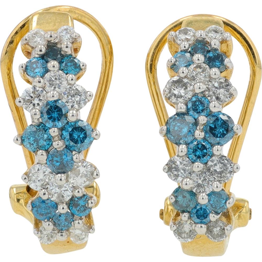 14K Yellow Gold Diamond and Treated Blue Diamond Huggie Earrings - 1.00 Carat Total Diamond Weight